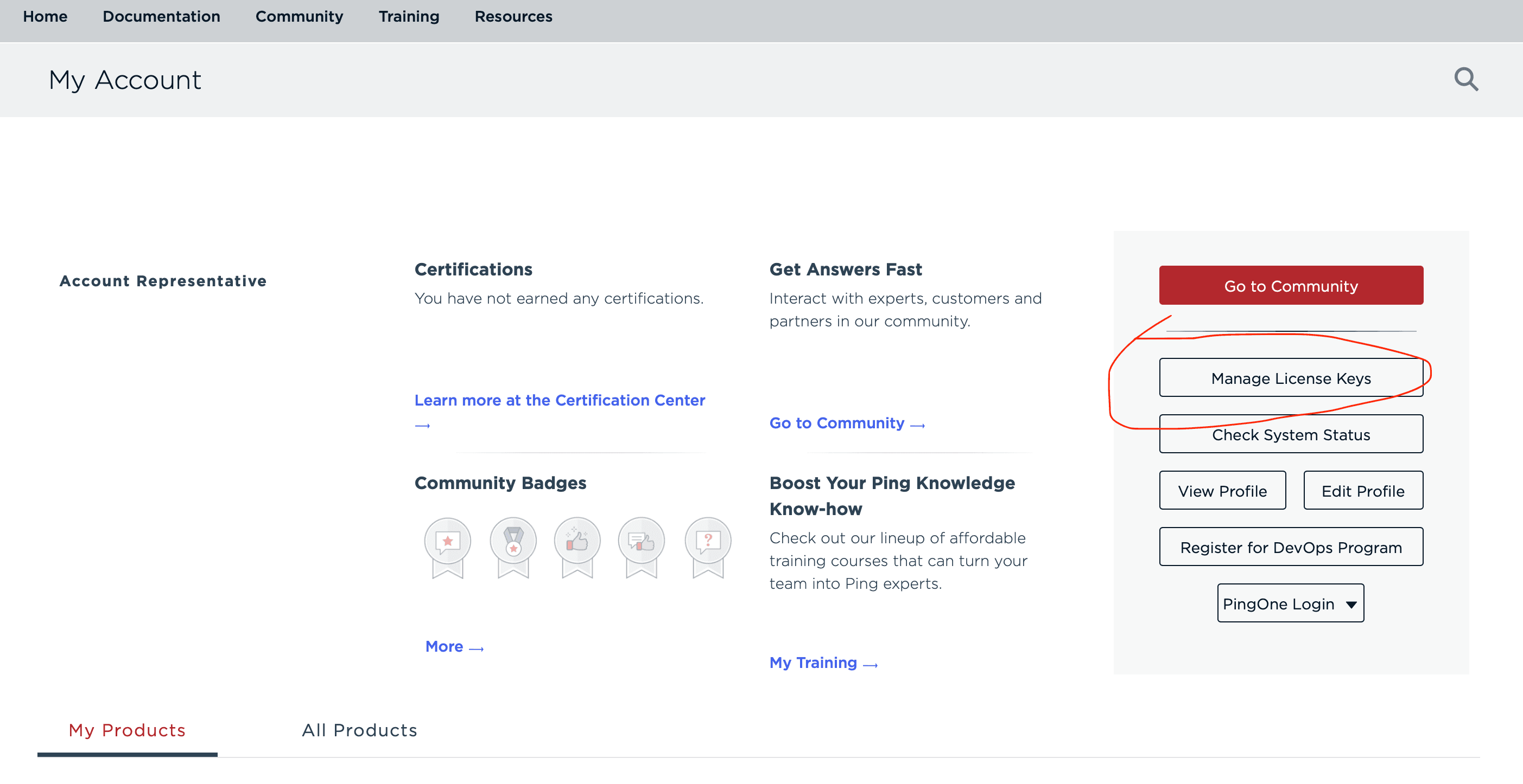 Ping Identity Support Portal showing Manage License Keys button