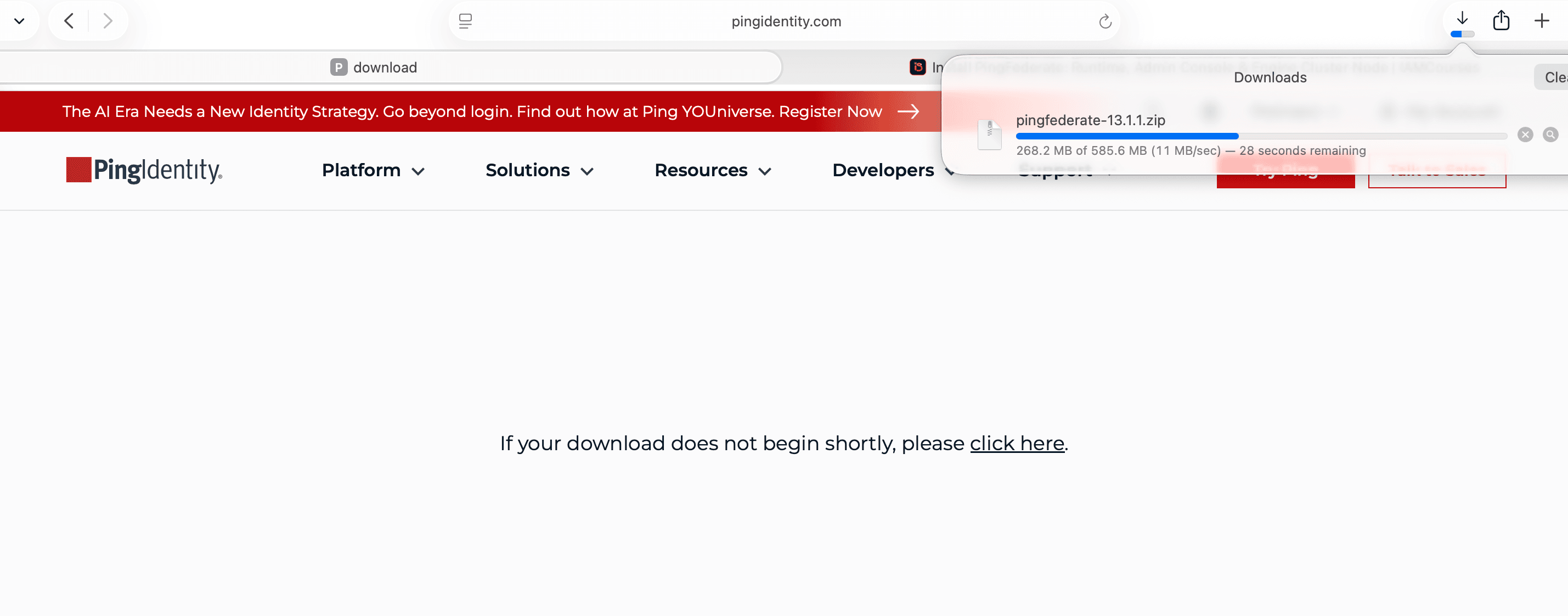 Browser downloading PingFederate ZIP archive package